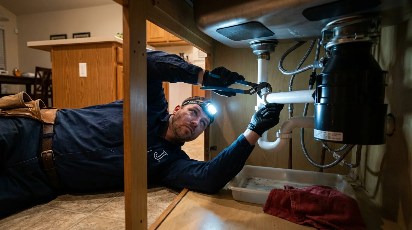 P-trap and supply line connections under a kitchen sink showing a common leak point in Casselberry, FL